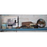 Wrought iron rush lamp, Quimper tin etc: a lot