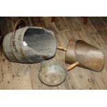 Brass bound barell coal scuttle plus a grain scoop and a mush pan