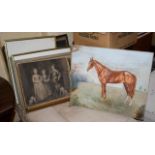 Primitive oil painting of horse, 17th C print of King Charles' family and various prints and