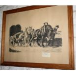 Antique signed lithograph of working horses, framed and glazed
