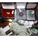 Boxed brooches, necklace, dolls china etc - a lot