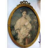 Antique coloured print of young lady in original oval gilt frame surmounted to swags of ribbons