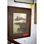 Thames Basin water colour of barges by Gertrude Keeling, framed and glazed