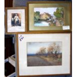 Water colour of mill, landscape and old photo- all framed and glazed