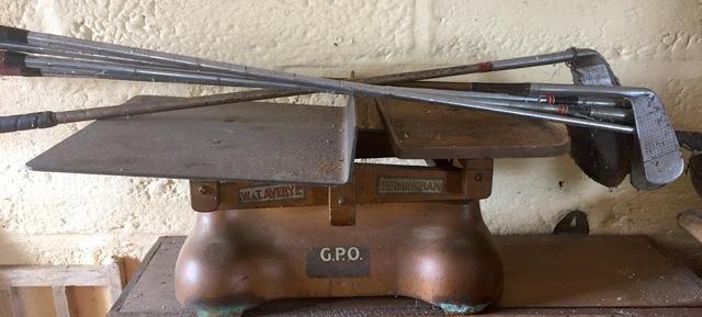 Set of vintage Post Office scales with GPO logo and quantity of golf clubs