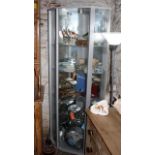 Modern glass and anodised aluminium display cabinet with glass shelves and internal illumination (