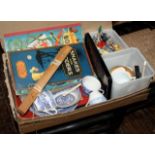 Box and contents of childrens games, blue and white china etc