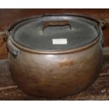 Large 19thC copper hanging cauldron with wrought iron hoop.