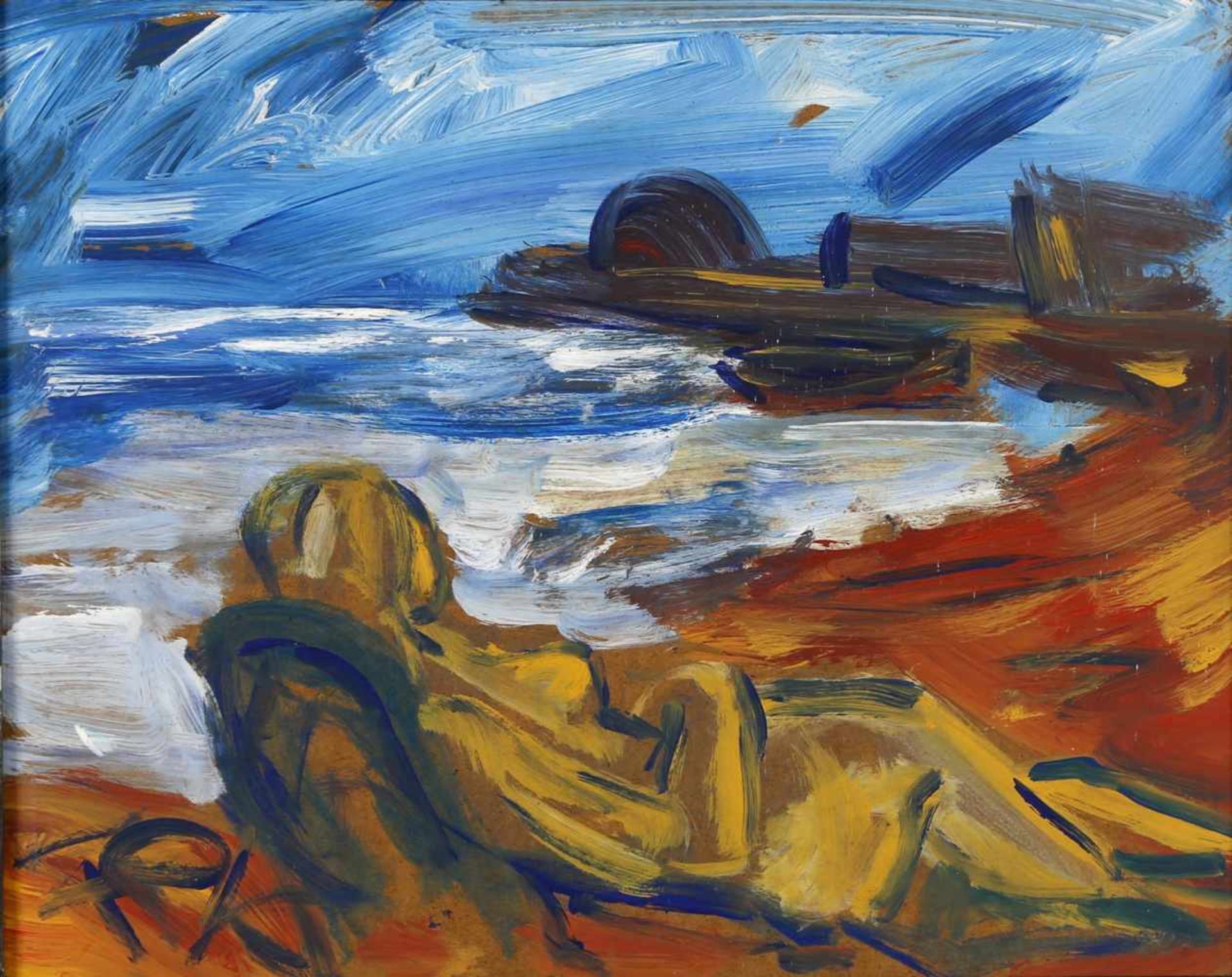 Felix Samuel Pfefferkorn (1945-1980 verschollen)Bodensee-Frau am Strand, Acryl auf Platte, 40 x 50
