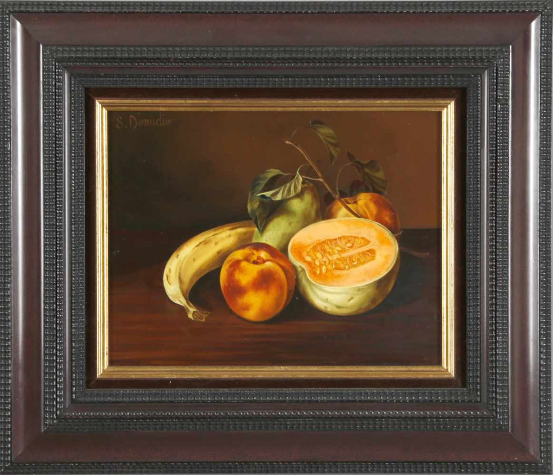 Serge Donadio (*1962)Stillleben mit halbierter Melone, Öl auf Holz, 27,5 x 35 cm, links oben