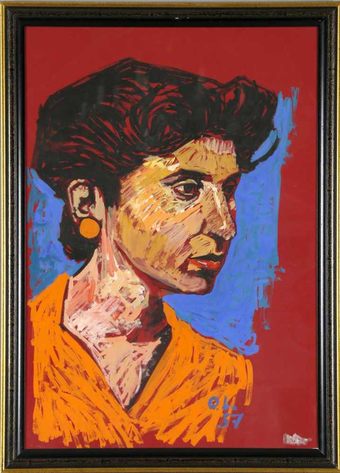 Otto Lackenmacher (Saarbrücken 1927-1988)Porträt einer Frau vor rot-blauem Hintergrund, 1957 Tempera