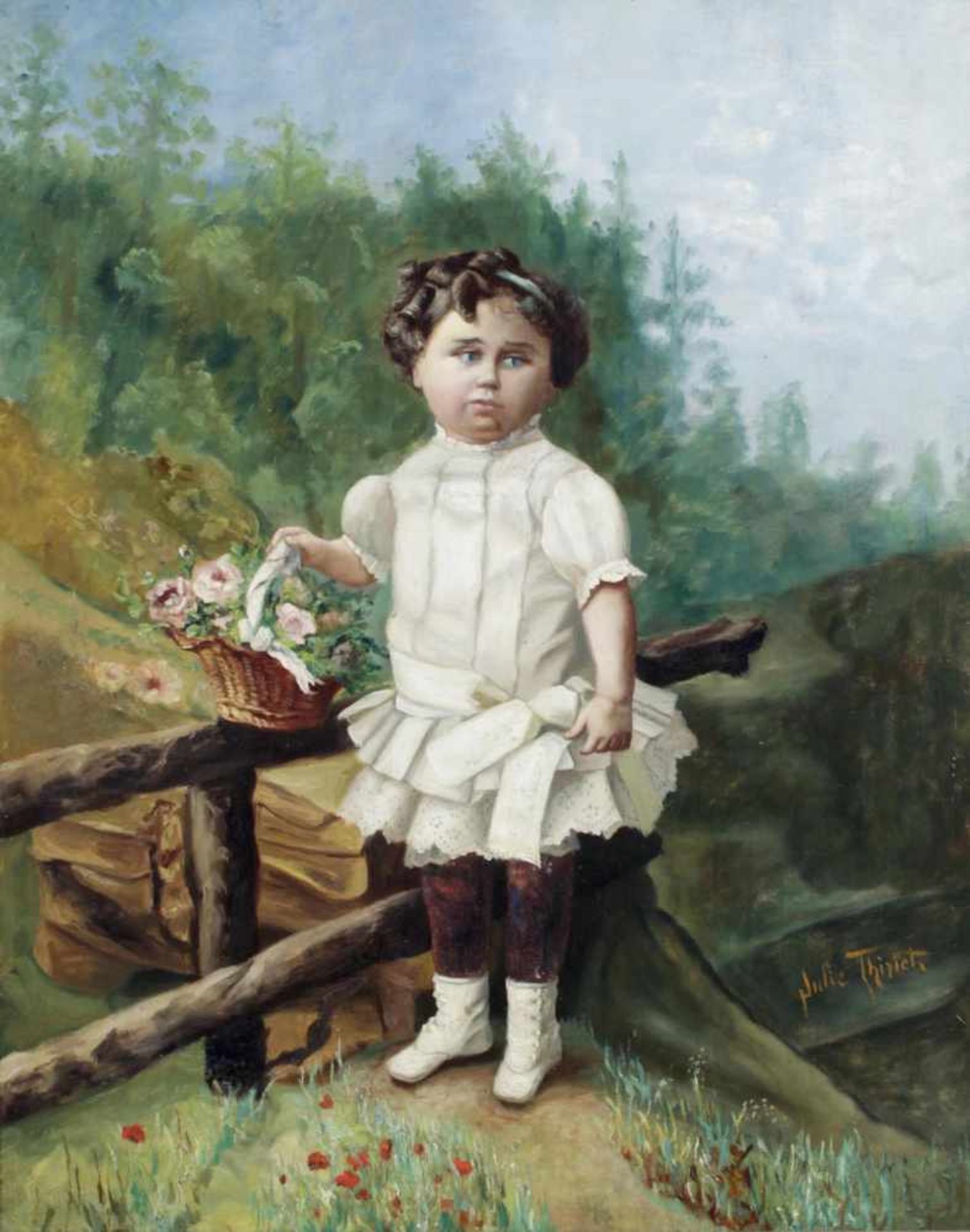 Julie ThirichKleines Mädchen mit einem Blumenkorb an einem Zaun stehend, Öl auf Lwd., ca. 73 x 57