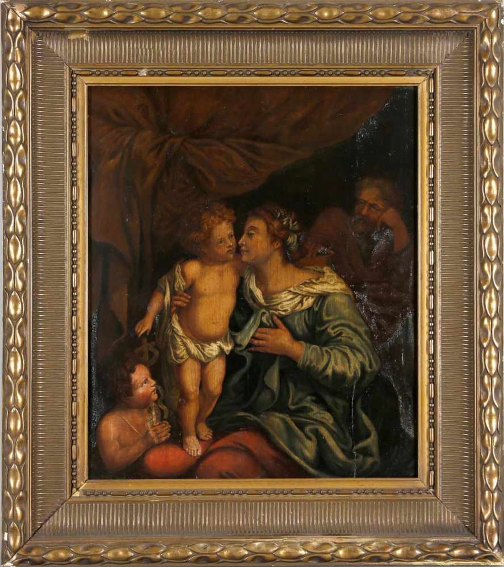 Heilige Familie, Tafelgemälde, 18. Jh.mit Johannes dem Täufer vorne links, Öl auf Holz (