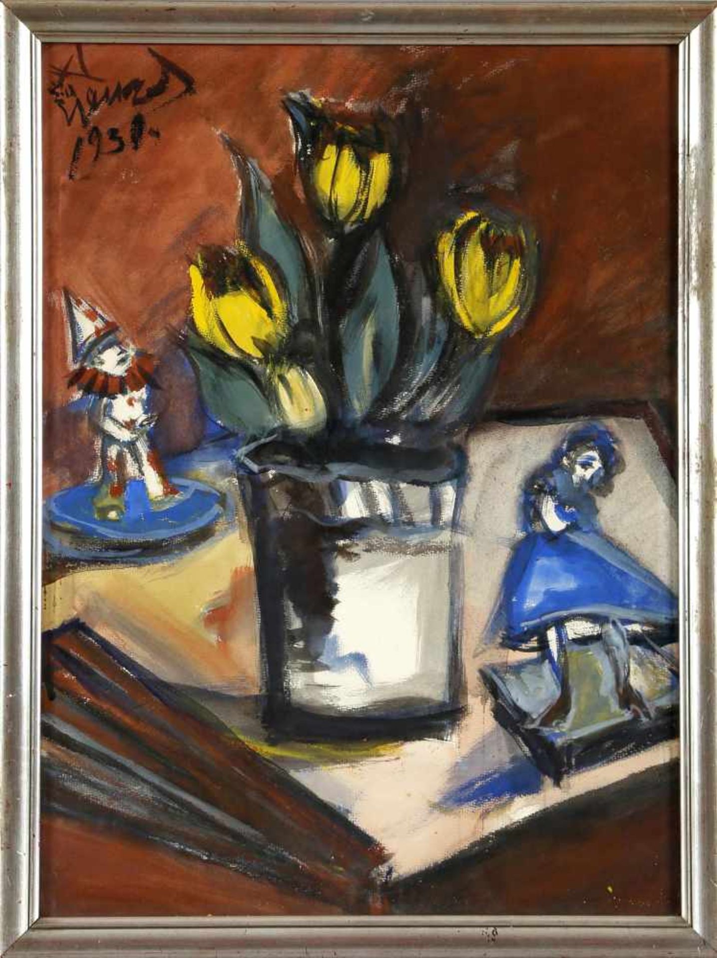 Richard Wenzel (Dresden 1889-1934 Saarbrücken)Gelbe Tulpen mit Clownpuppe, 1930, Gouache, 64 x 47