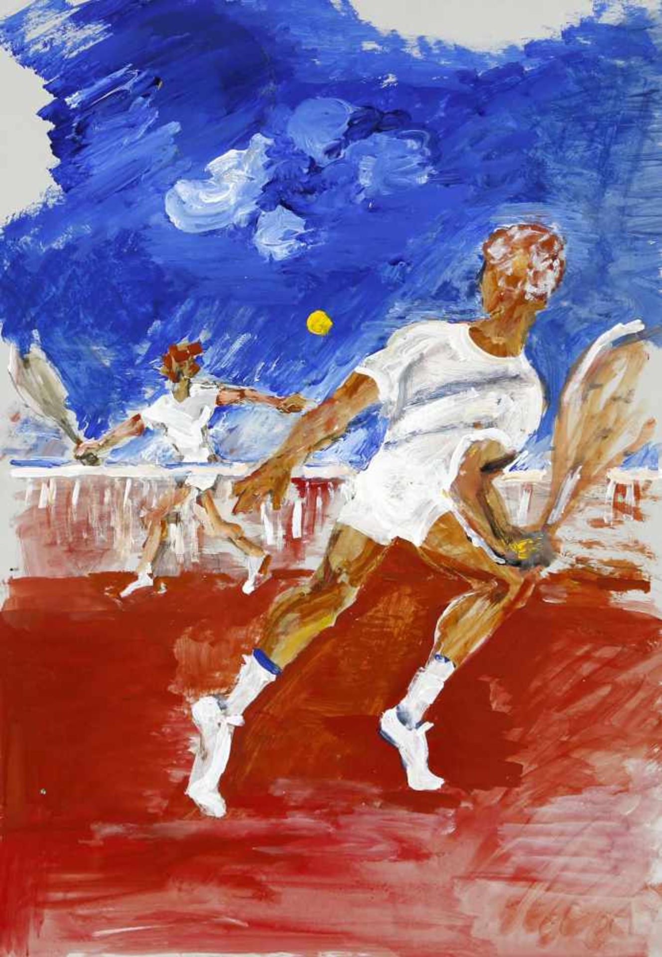 Hans Schröder (Saarbrücken 1930-2010 Saarbrücken)Tennisspiel, Tempera auf Karton, 73 x 51 cm, - ohne