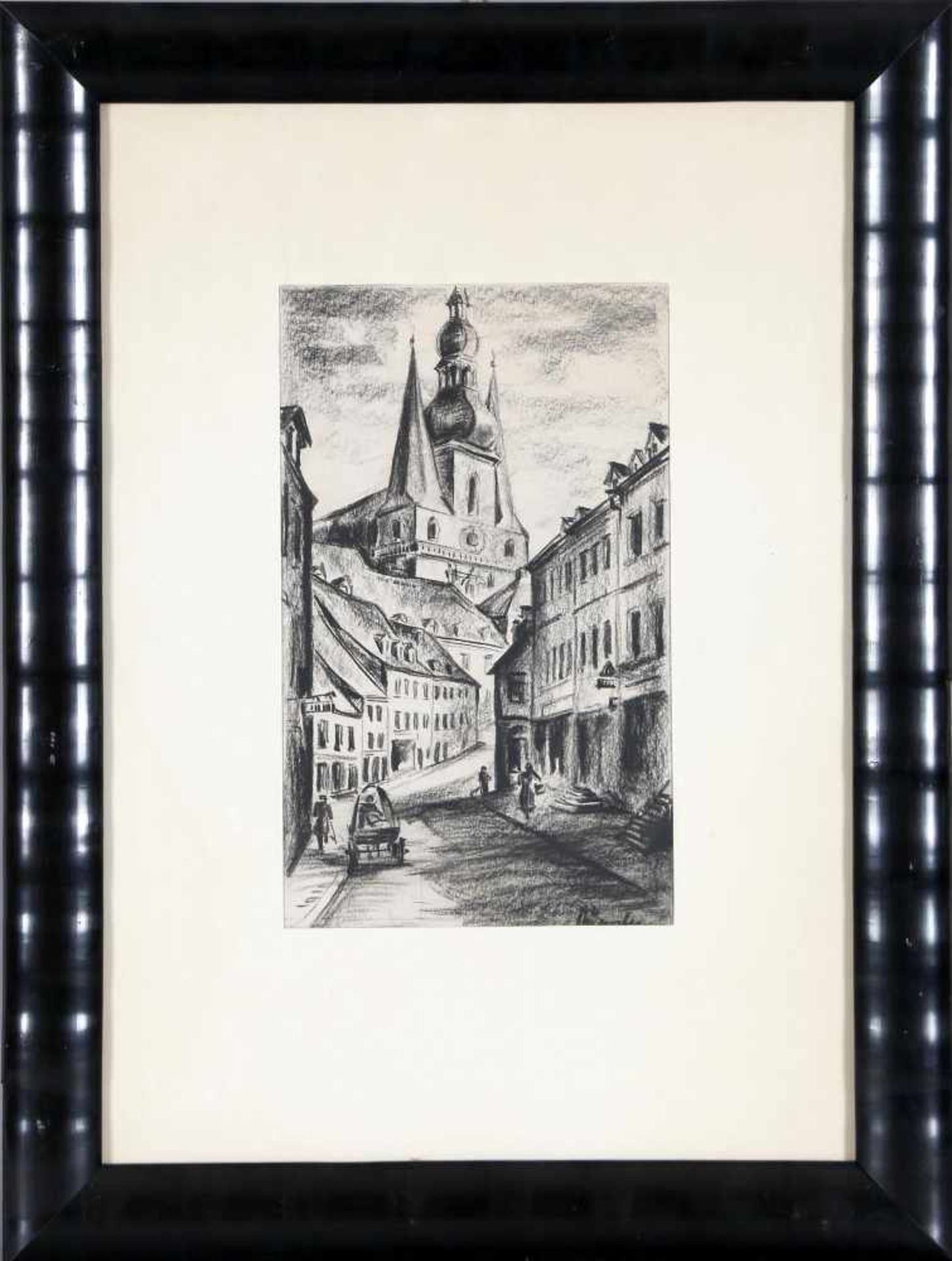 Mia Münster (St. Wendel 1894-1970 St. Wendel)Blick auf den Wendelsdom in St. Wendel, Kohlezeichnung,