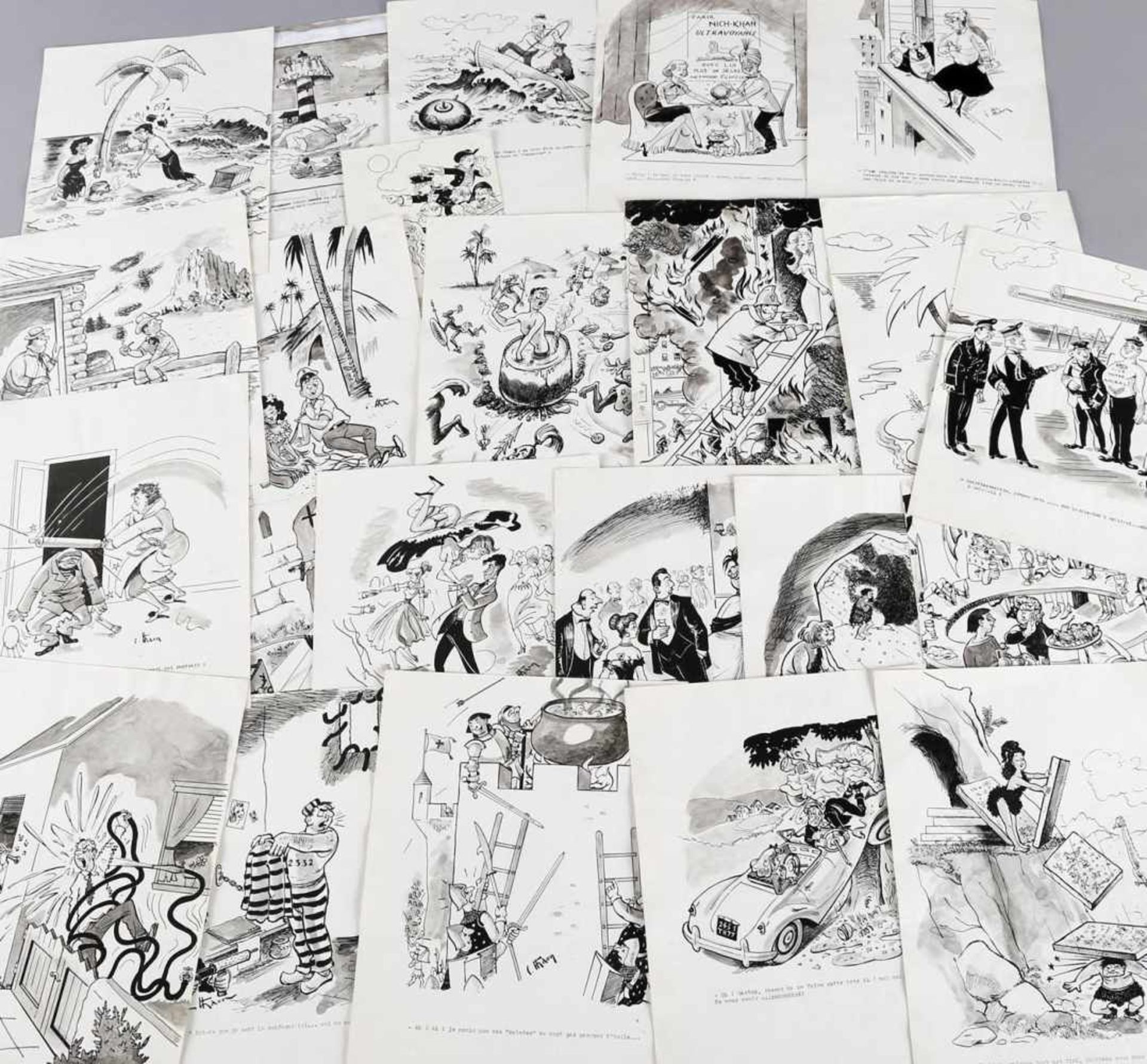 Charles Thaon, 23 Zeichnungen, um1950Karikatur/Comicmotive, Tusche und Aquarell auf Papier, 21