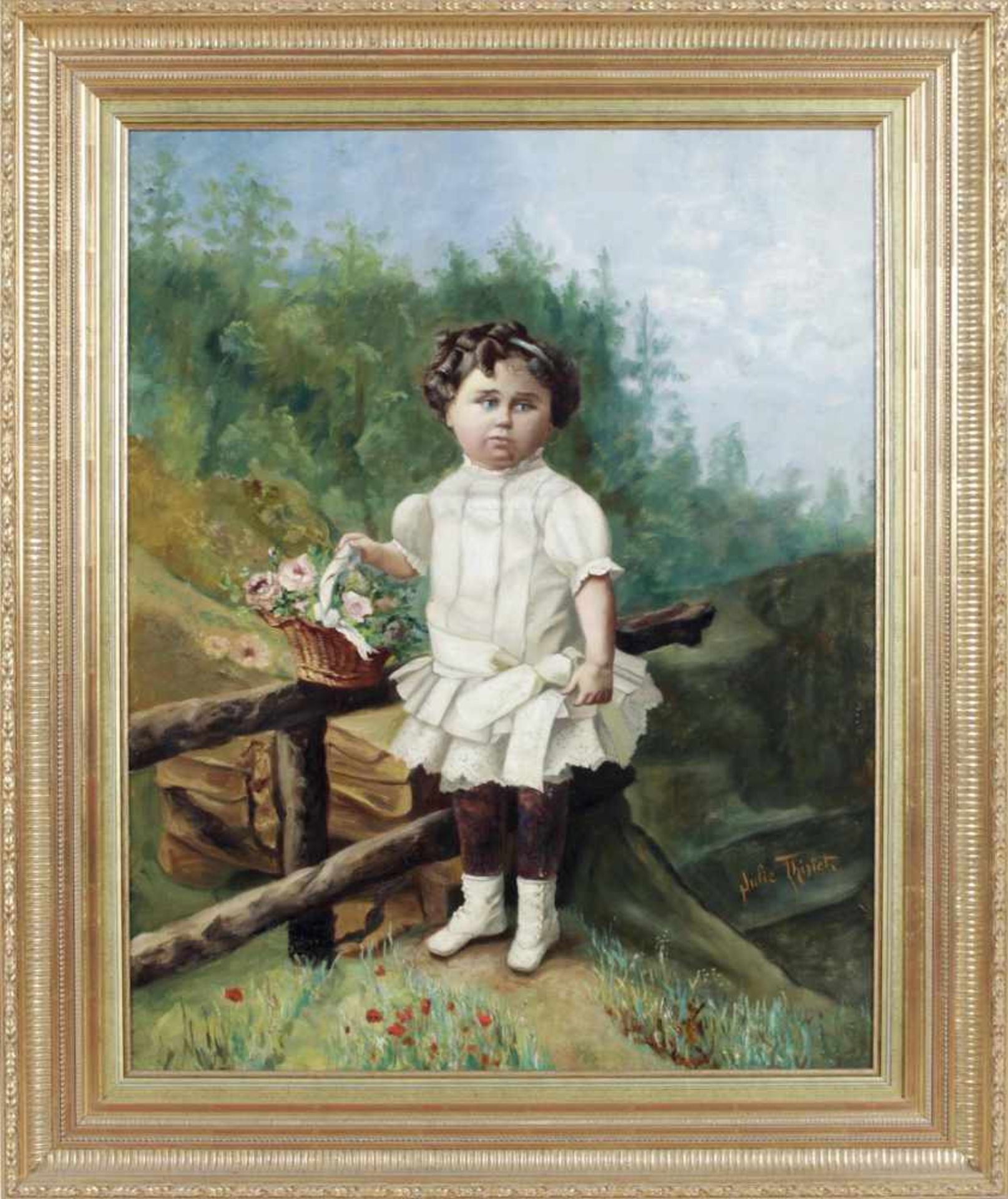 Julie ThirichKleines Mädchen mit einem Blumenkorb an einem Zaun stehend, Öl auf Lwd., ca. 73 x 57 - Bild 2 aus 2