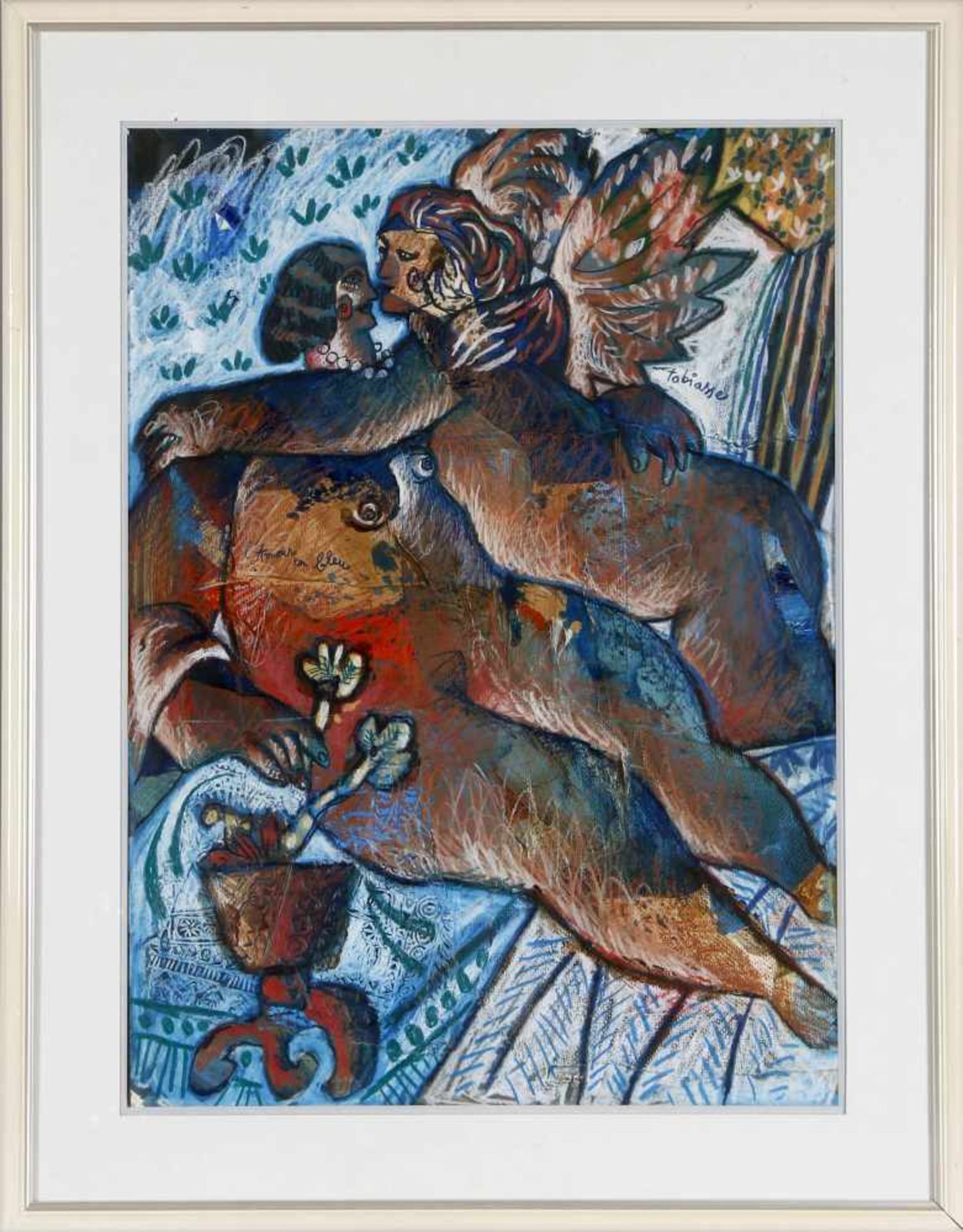 Théo Tobiasse (* Jaffa/ Israel 1927)"L´Amour en bleu", Gouache, Collage, 69 x 50 cm, oben signiert