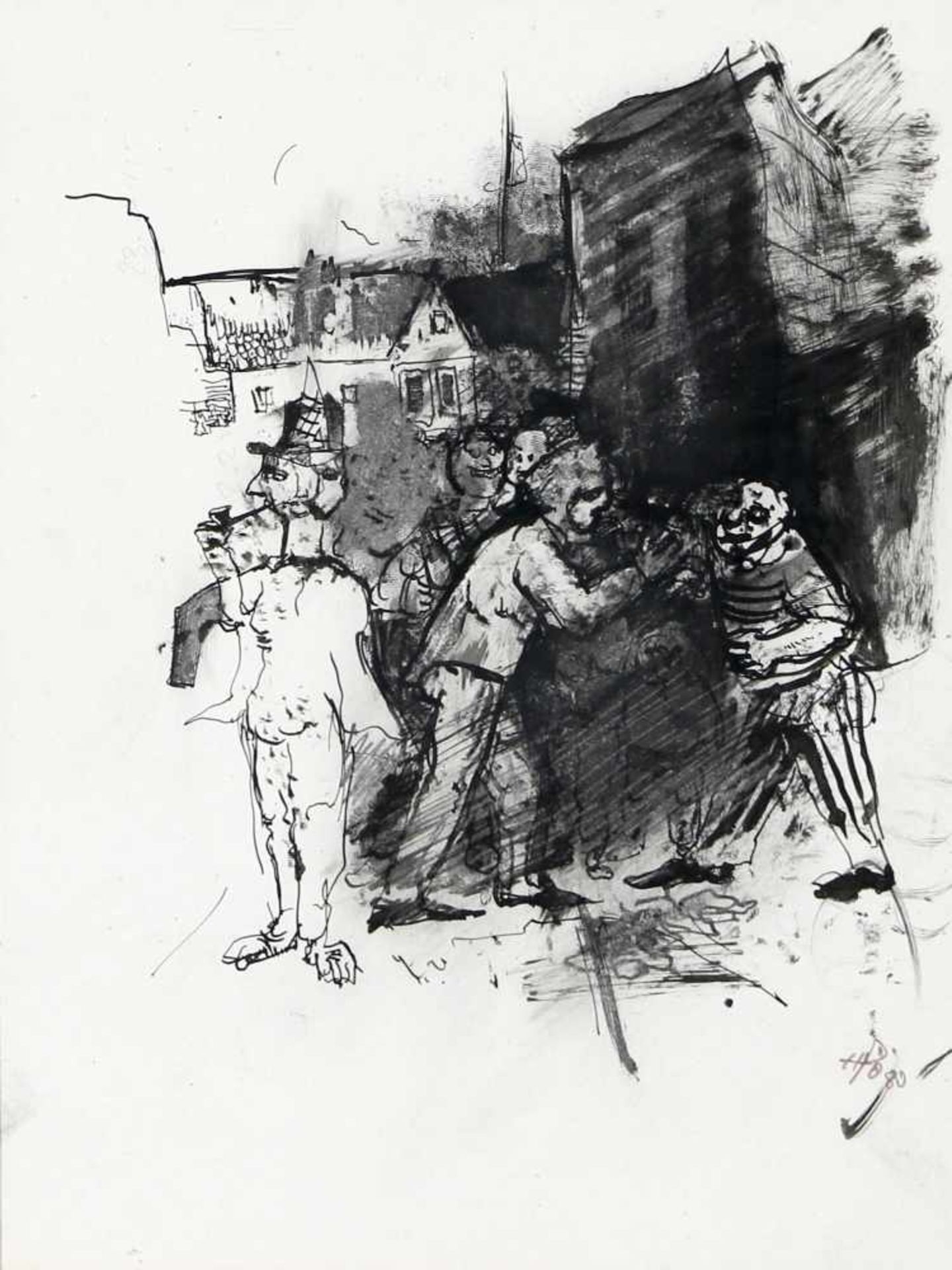 Hans Pötscher (* Linz 1948)Menschenansammlung vor Häuserkulisse, Tusche auf Papier, 28 x 21 cm,
