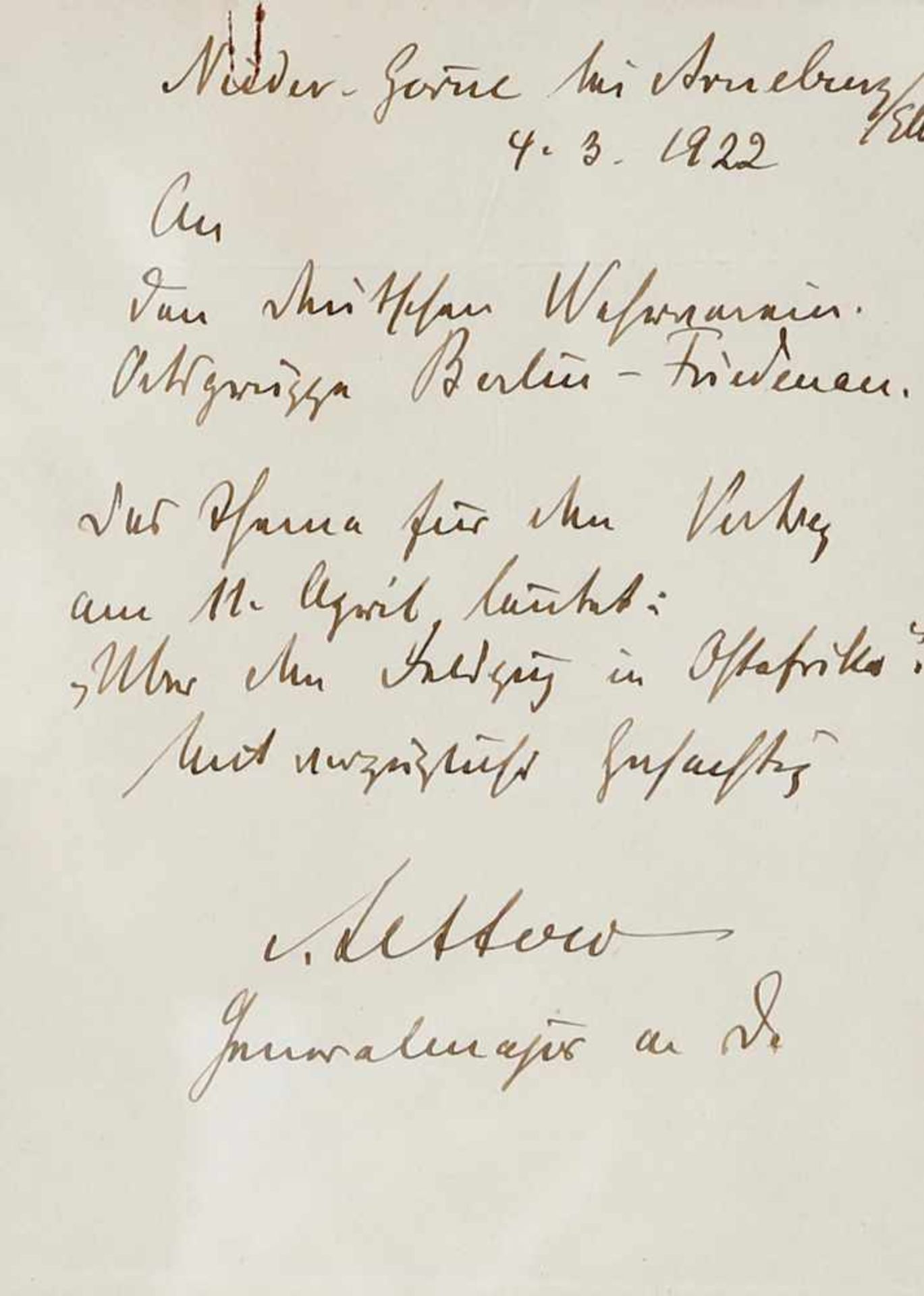 Autographischer Brief des Paul von Lettow Vorbeck (1879 Saarlouis - 1964 Hamburg, deutscher