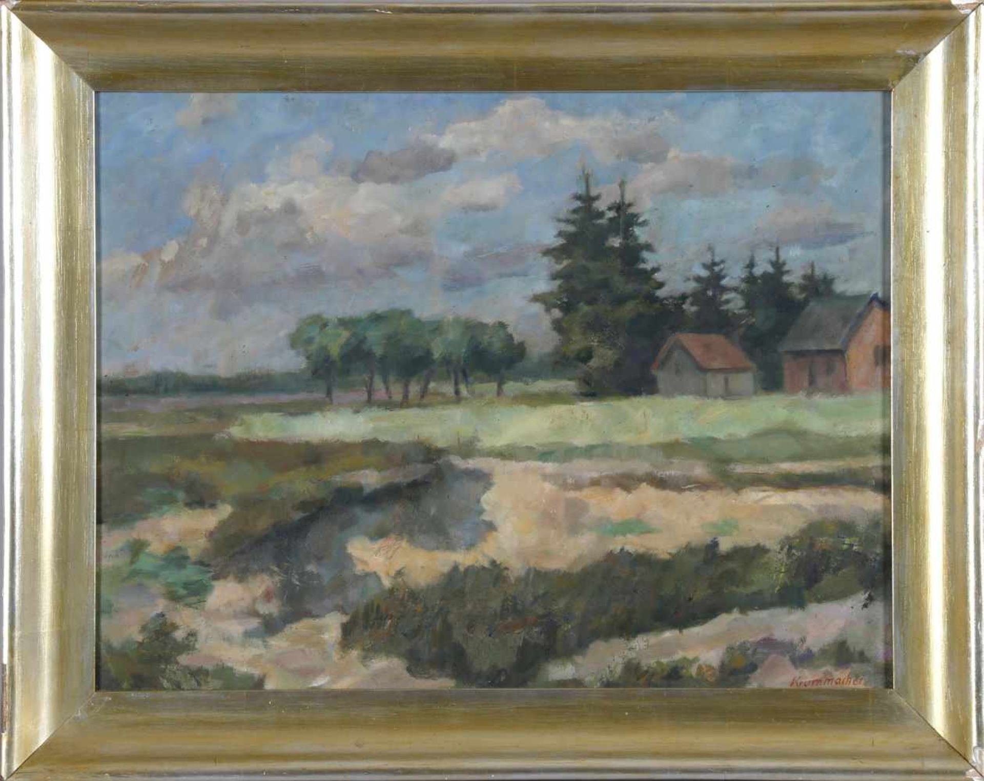 Karl Krummacher (Elberfeld 1867-1955 Worpswede)Landschaft mit zwei Häusern, Öl/Platte, 45,5 x 60 cm,
