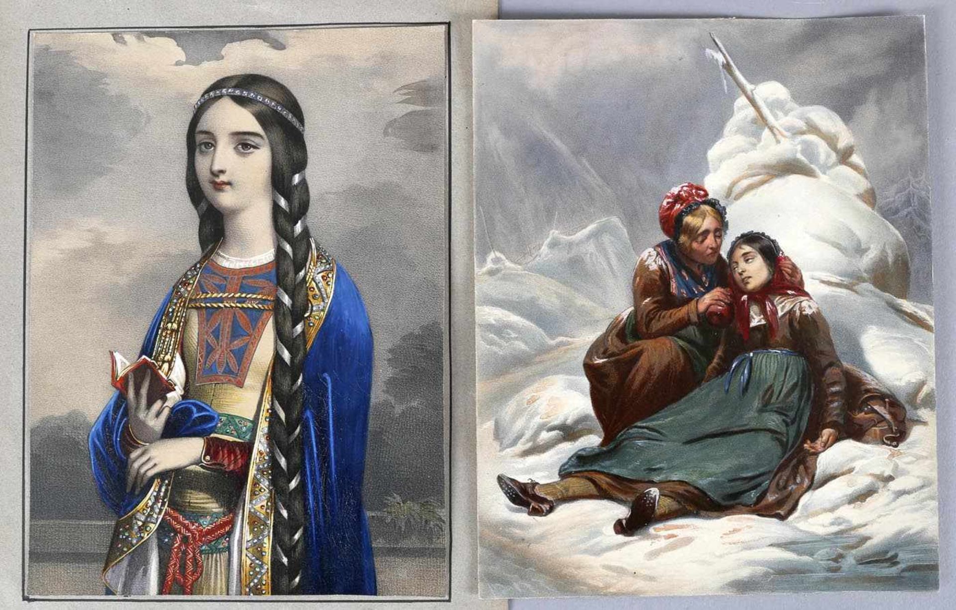 Zwei Grafiken, Künstler des 19. Jh.- ""Dame de la Cour, Règne de Clovis"", altkolorierte