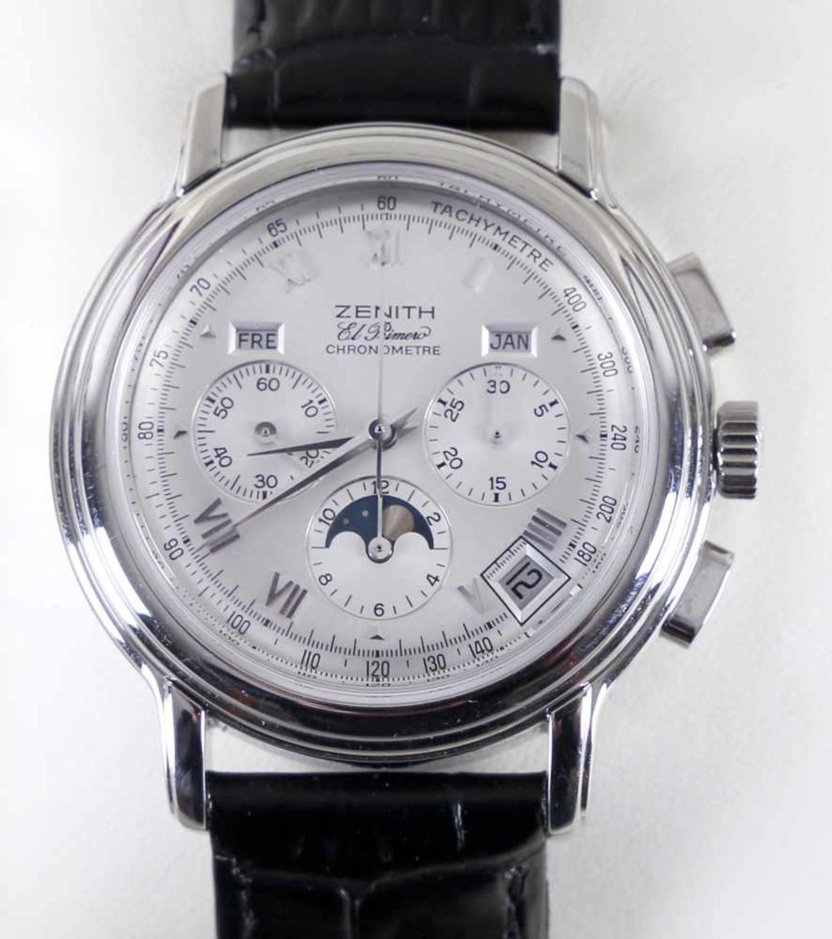 Zenith El Primo Chronometre, Vollkalender Mondphase, Gehäuse Edelstahl, D: 40 mmZifferblatt Silber