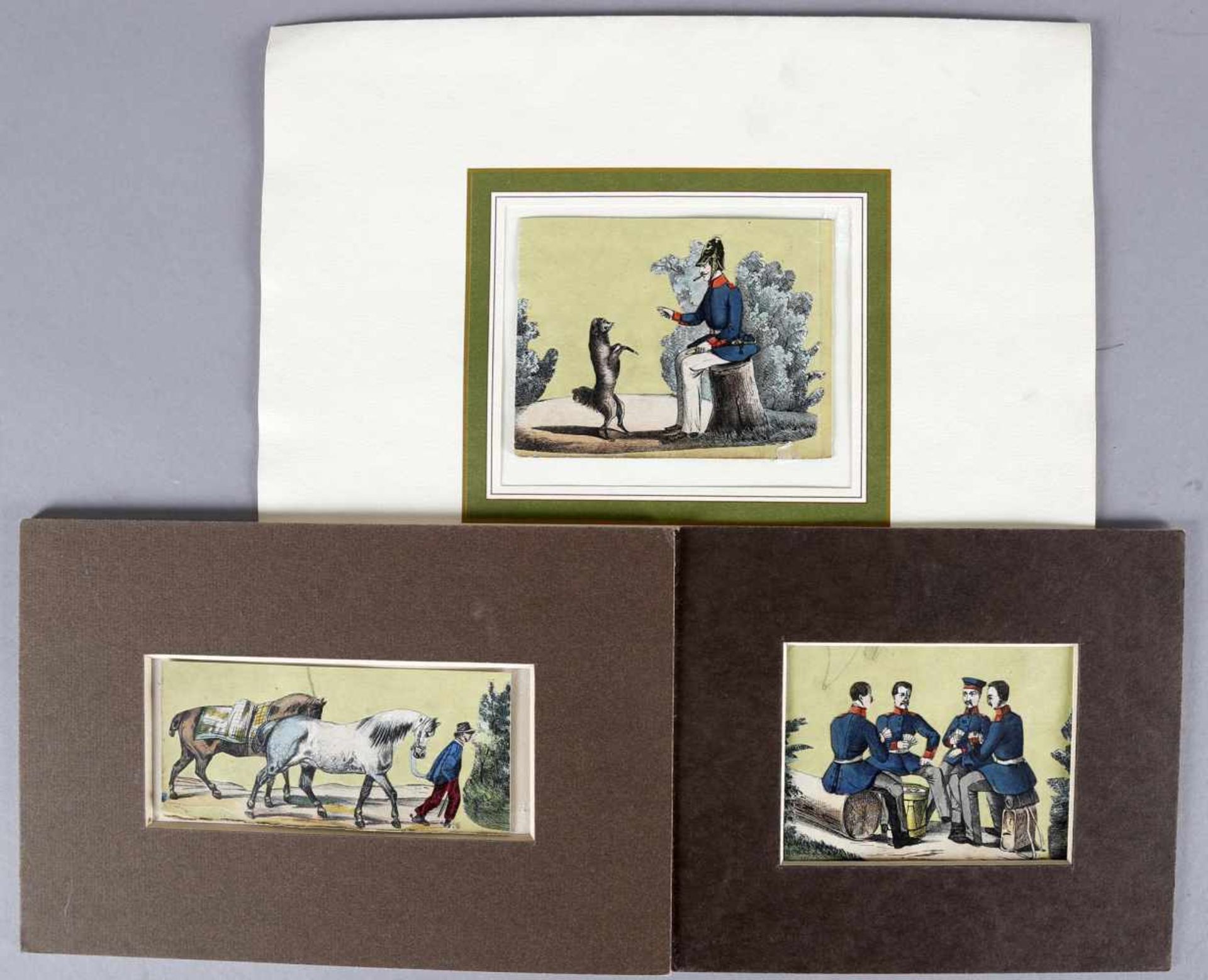 Drei Grafiken, Künstler des 19. Jh., wohl deutsch um 1845Kartenspielende Soldaten, Hundedressur,
