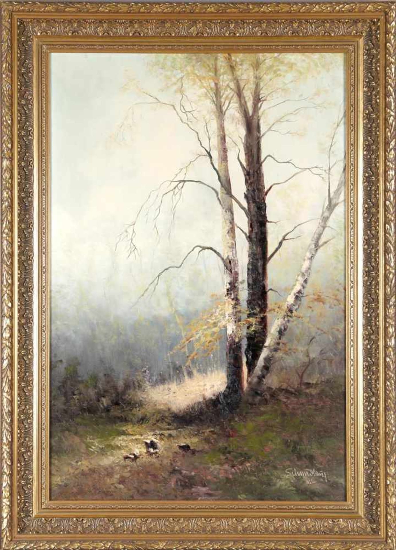 Jagdmaler des 20. Jh.Waldimpression mit Birken, Öl auf Leinwand, 90,5 x 60,5 cm, unten rechts