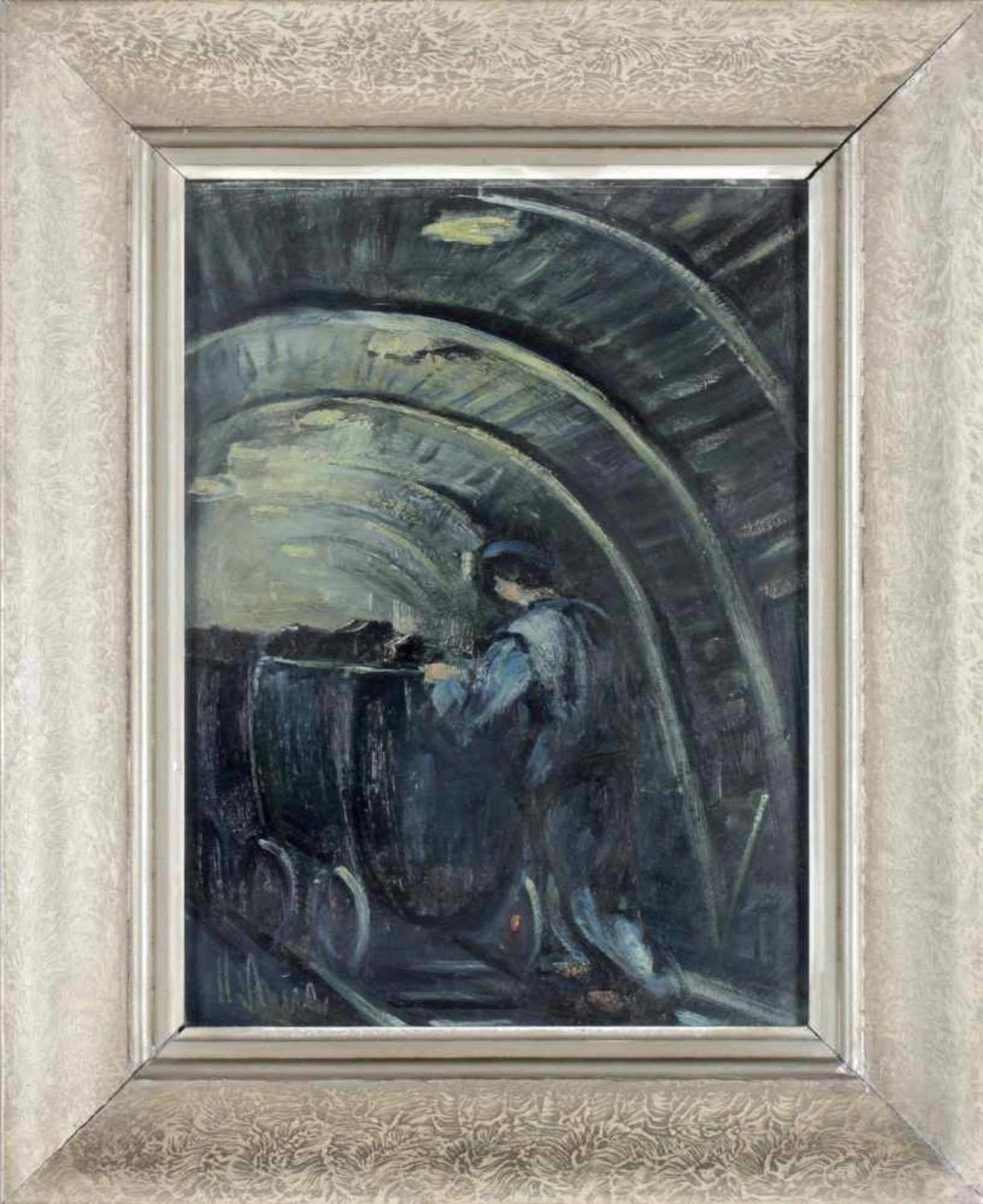 Heinz Lauer (Saarbrücken 1924-2014 Saarbrücken)Bergmann mit Lore, Öl auf Platte, 40 x 30 cm, unten