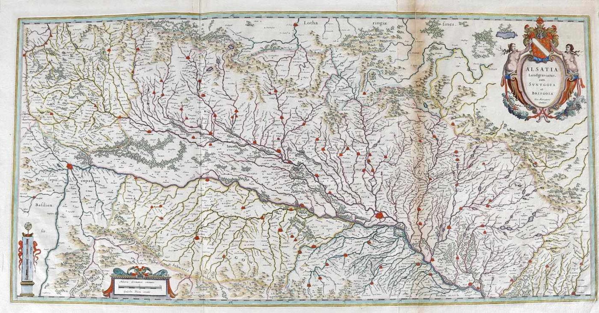 Kupferstichkarte Elsaß, von Mercator, 17. Jh.""Alsatia Landgraviatus, cum Suntgoia et Brisgoia"",