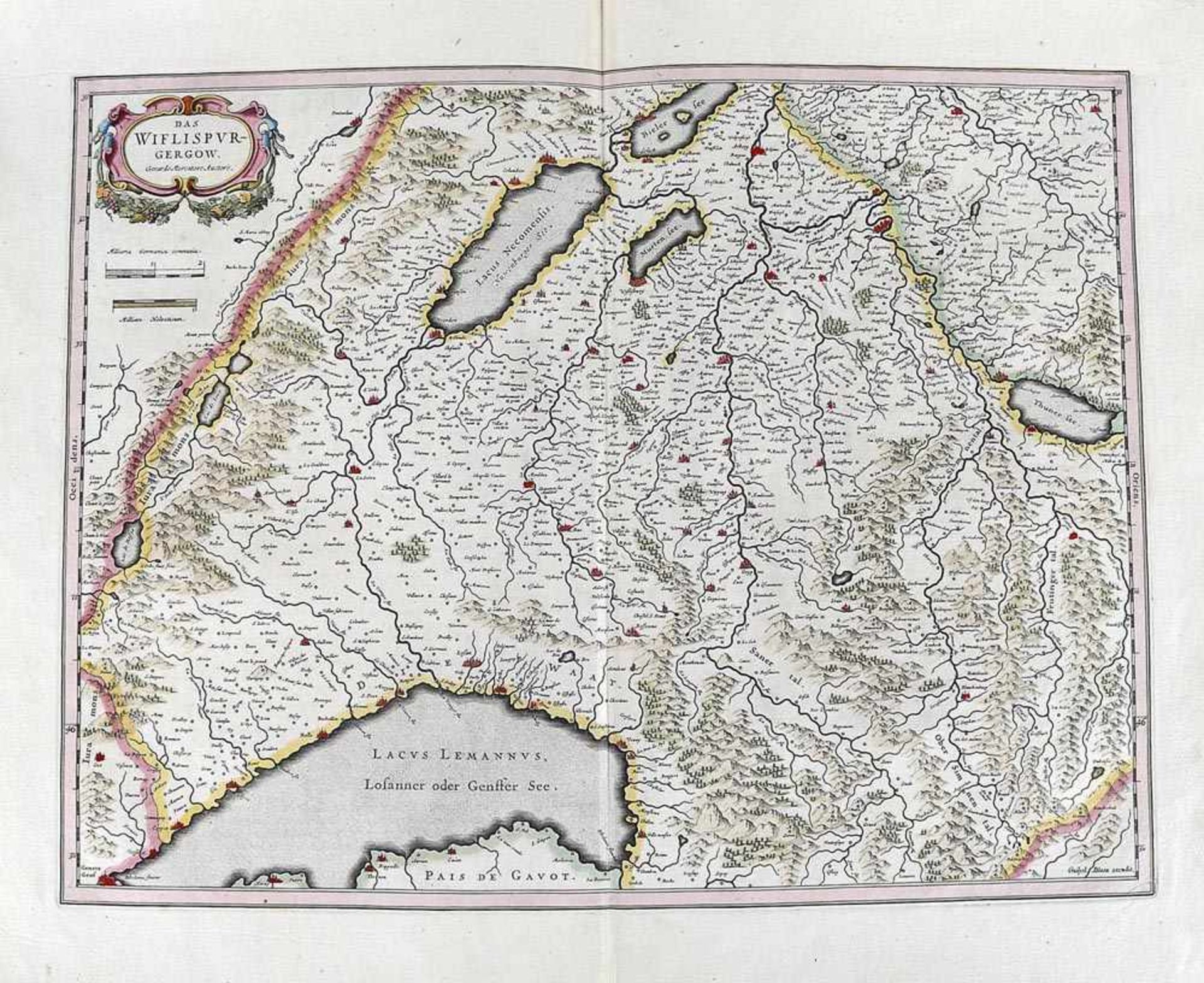 Kupferstichkarte West-Schweiz, von Mercator, 17. Jh.""Das Wiflispur-Gergwo"", Gerardo Mercatore