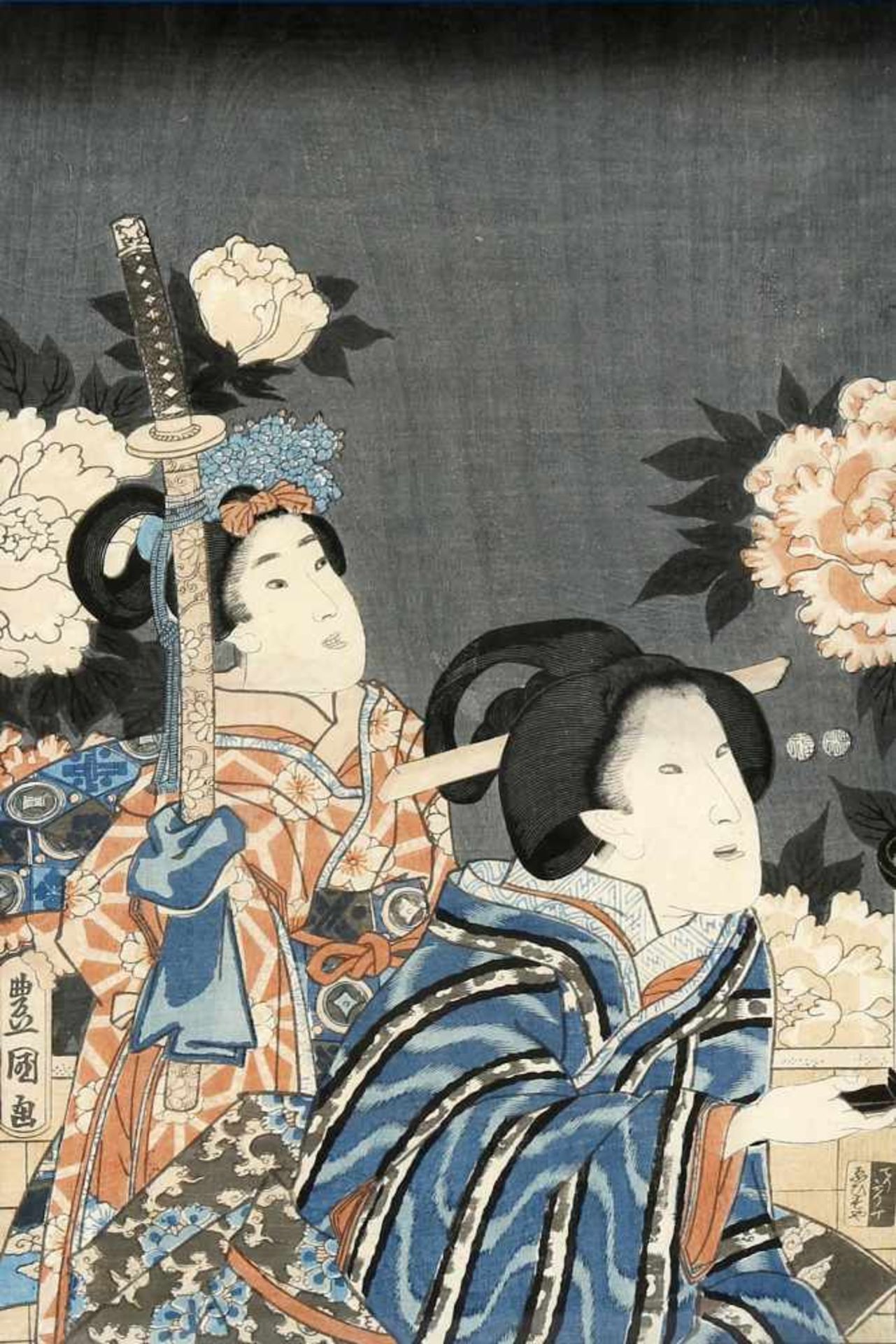 Utagawa Kunisada (Honjo 1786-1865 Edo)Bildnis zweier Frauen, eine mit Katana in der Hand,