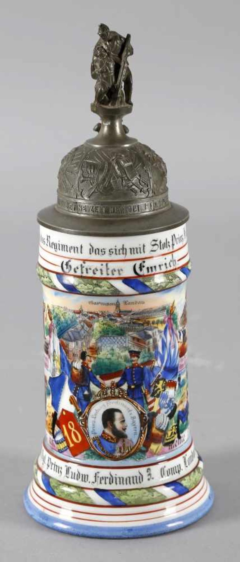 Reservistenkrugbezeichnet 18. Inf. Rgt. Prinz Ludw. Ferdinand 3. Comp. Landau 1904-06, Namensangabe: