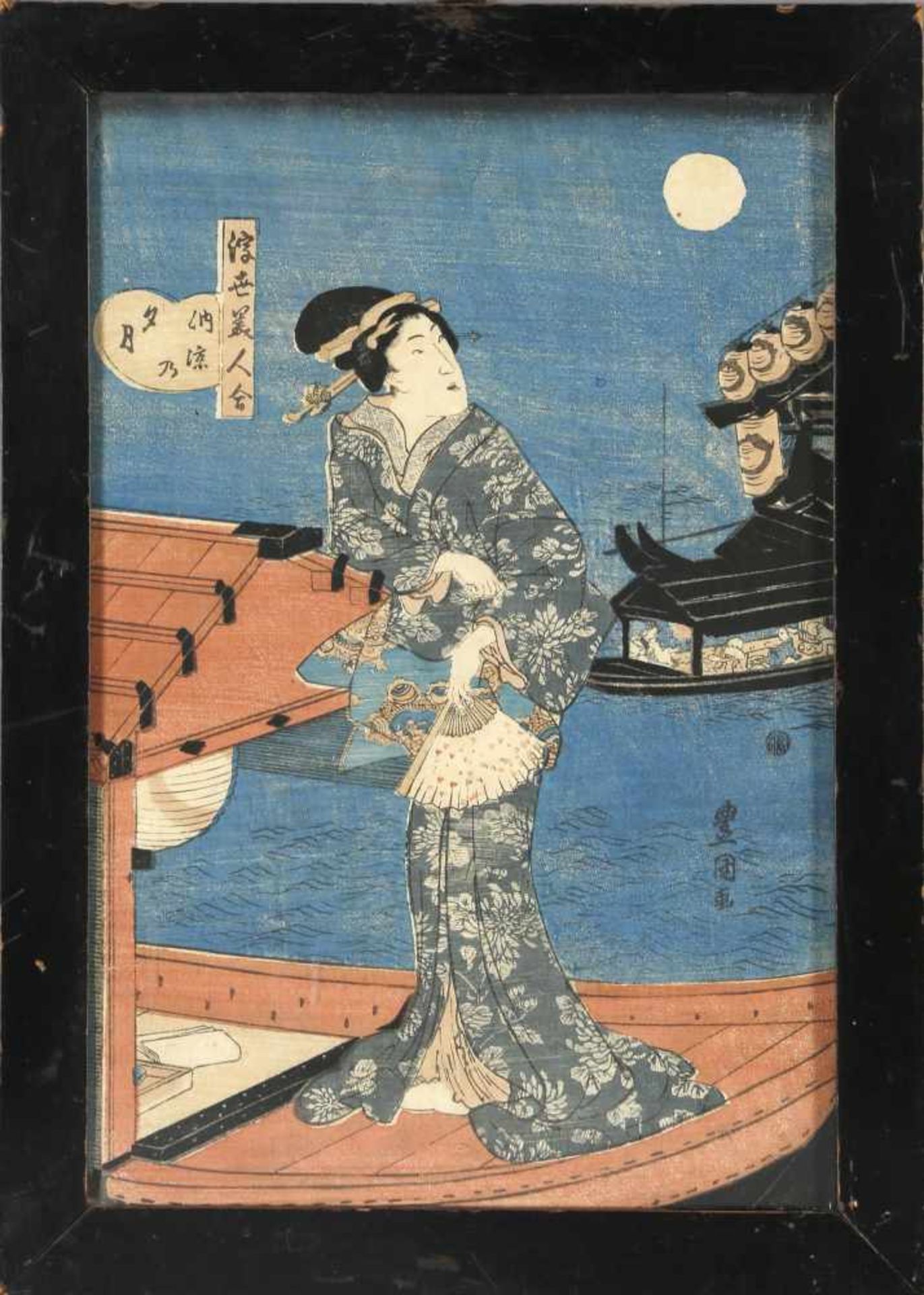 Holzschnitt Japan, 19. Jh.Darstellung einer Dame mit Fächer auf einem Boot, mehrfarbig auf Papier,