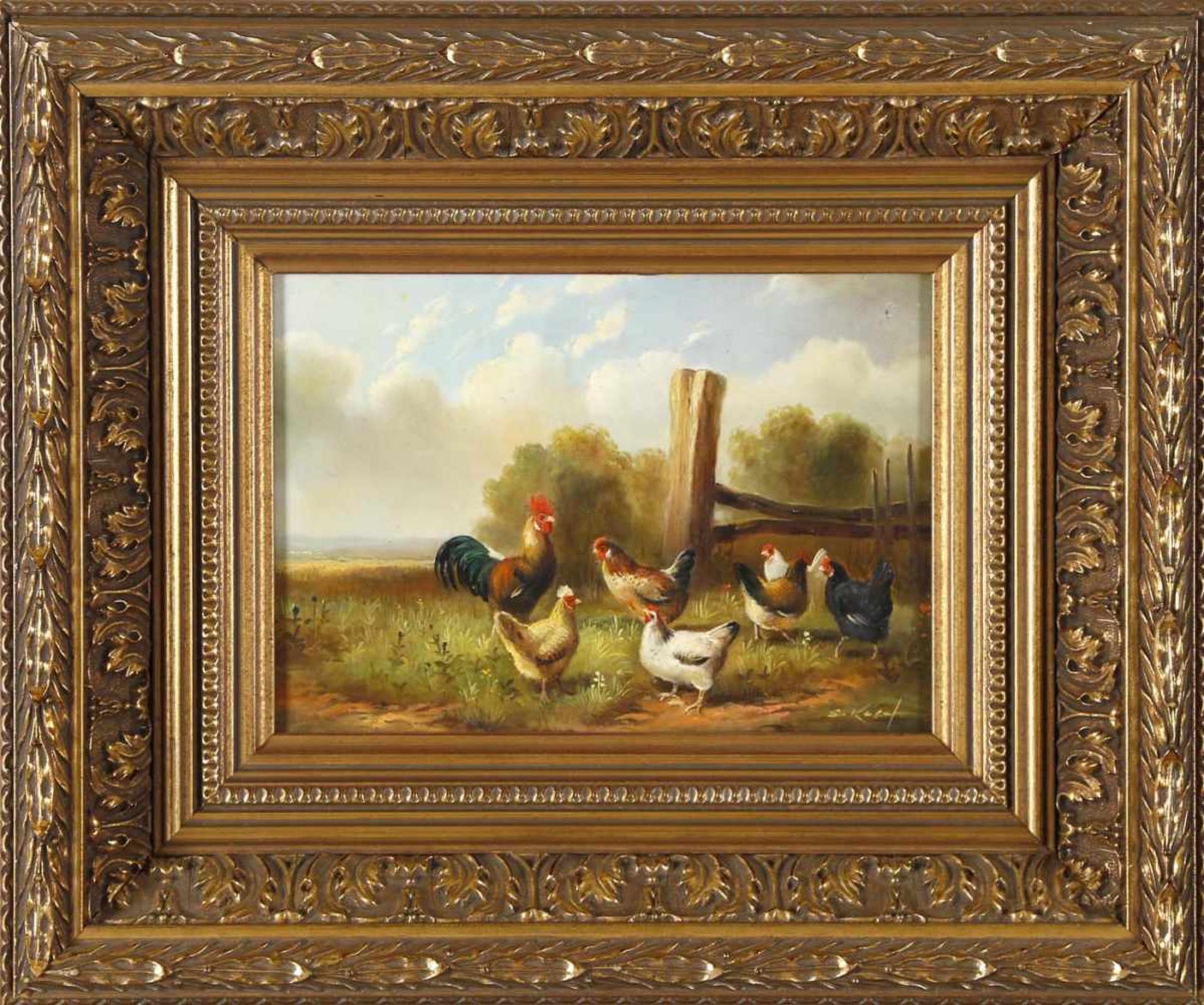 Samuel Koch (*1912)Hühnerschar am Holzzaun, Öl auf Holz, 13 x 18 cm, unten rechts signiert, im
