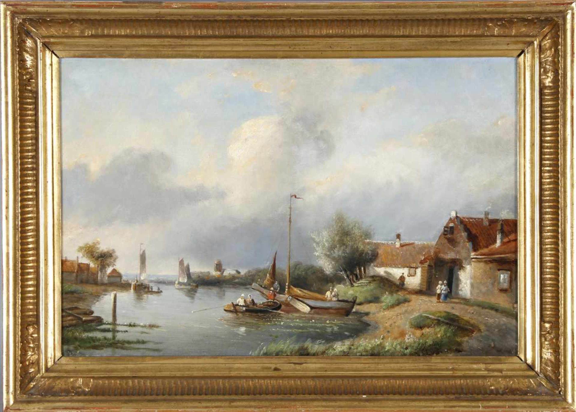 J. J. C. SpohlerFlusslandschaft mit Fischerbooten, Öl auf Lwd., 30 x 46 cm, rechts unten signiert,