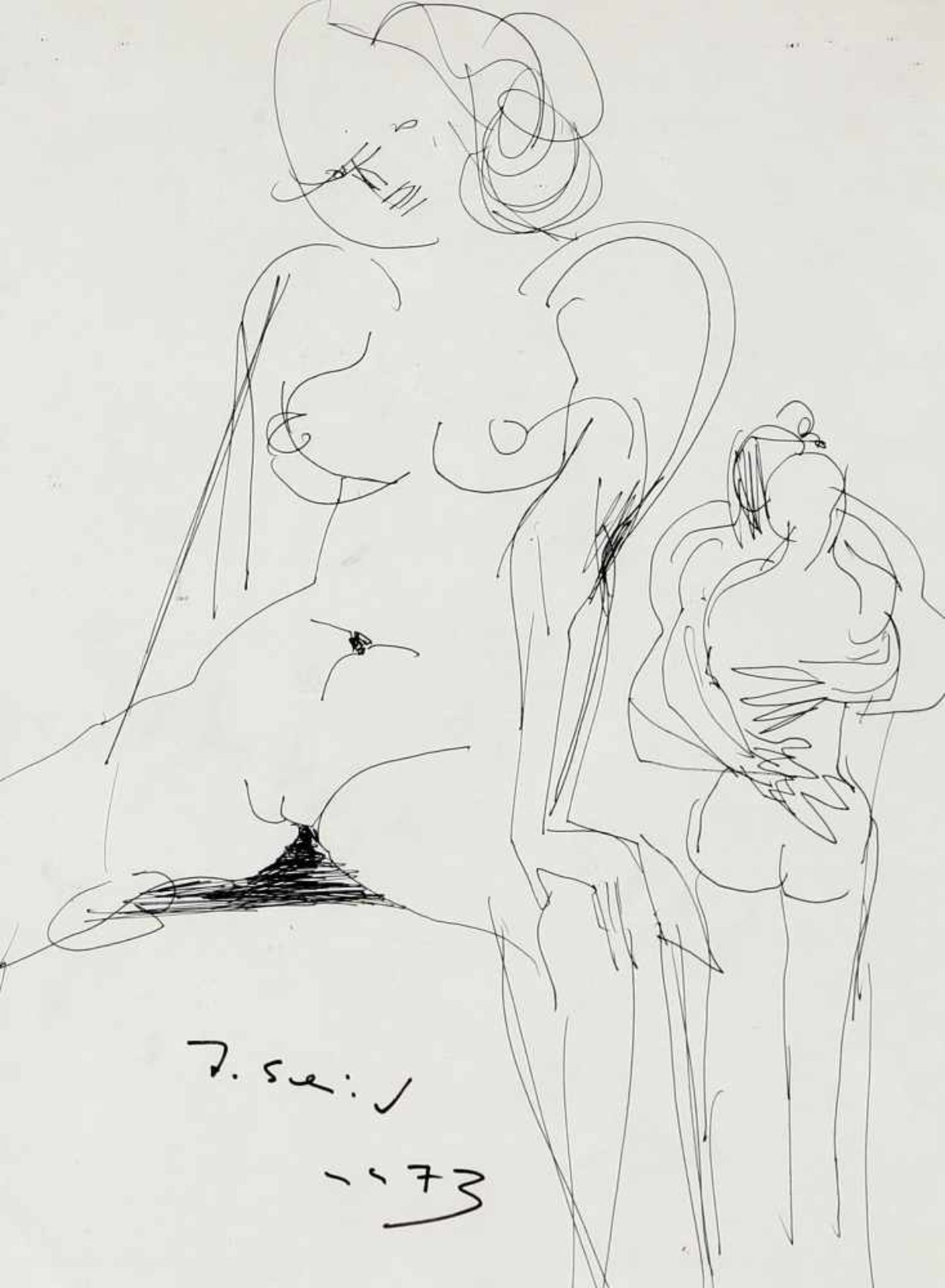 Hans Schröder (Saarbrücken 1930-2010 Saarbrücken)Frauenakt und Liebespaar, 1973, Tinte auf Papier,