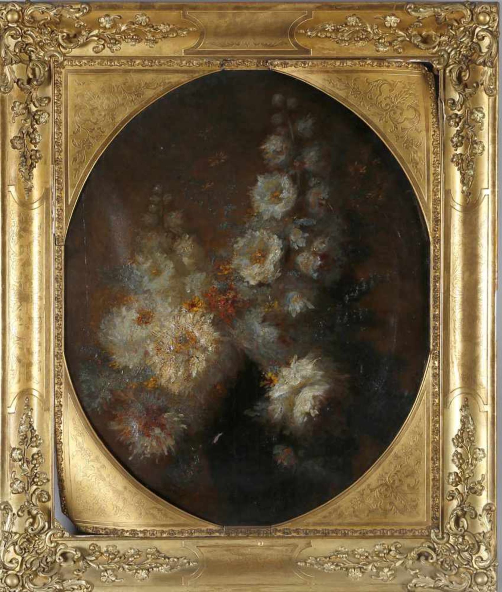 Jarry, franz. Maler(in), Mitte 19. Jh.im prächtigen vergoldeten O-Rahmen, Blumenstrauß in Vase, Öl