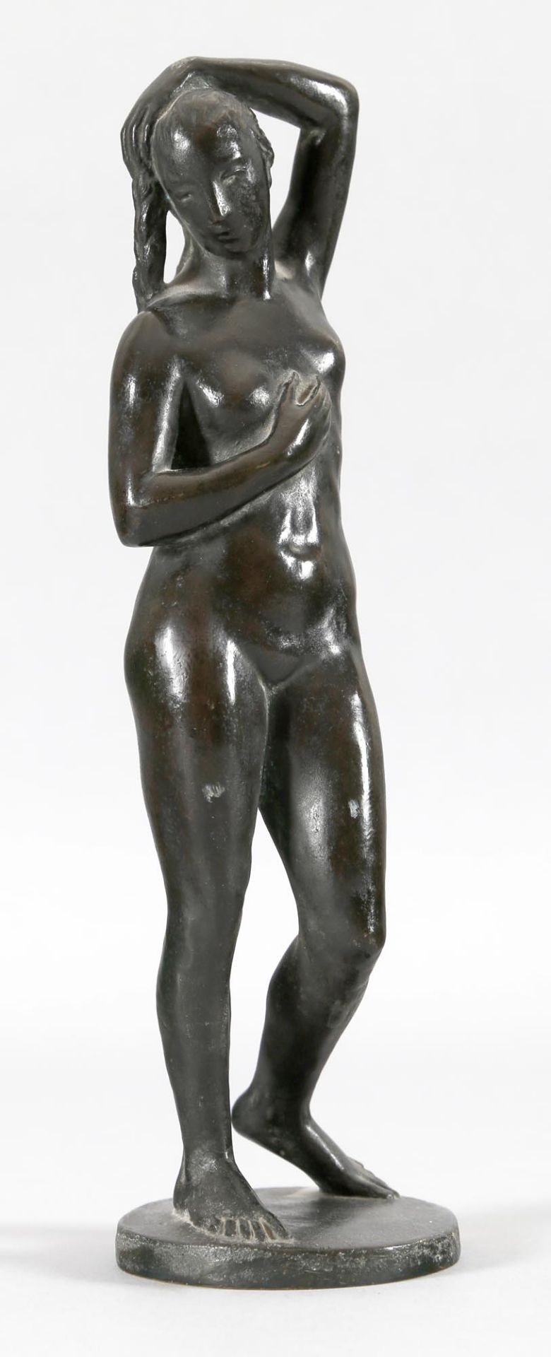 V. FunkStehender weiblicher Akt, Bronze, 1922, dunkle Patina, auf der angegossenen runden Plinthe