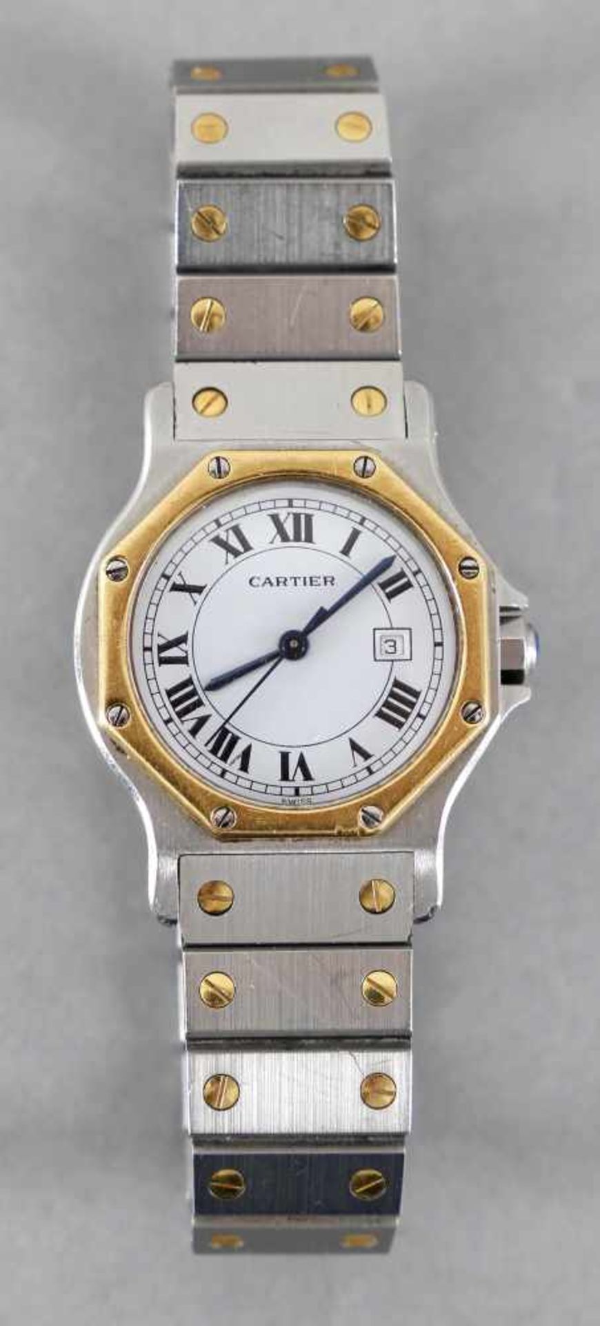 Cartier-Armbanduhr "Santos Automatic Stahl-Gold"weißes Zifferblatt mit römischen Ziffern, D: 29 mm