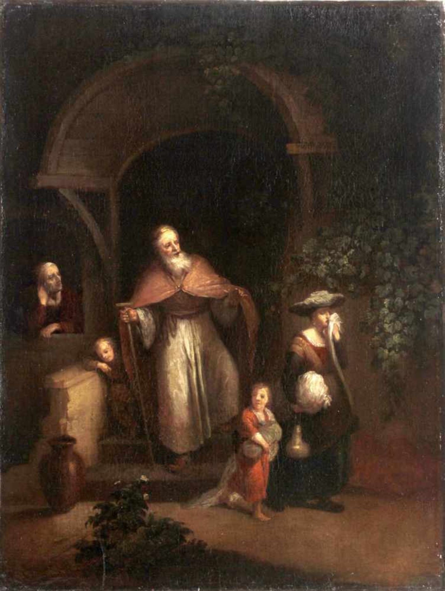 Anonymer Maler, wohl deutsch, 18. Jh."Verstoßung der Hagar" durch Abraham, im Hintergrund seine Frau
