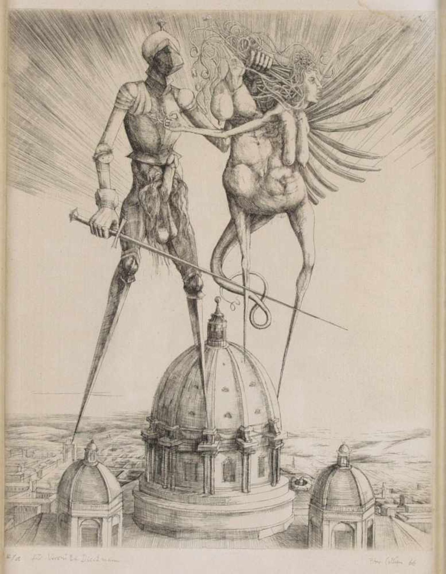 Peter Collien (* 1938)Phantastische Szene mit Ritter und weiblichem Wesen mit Medusenhaupt über