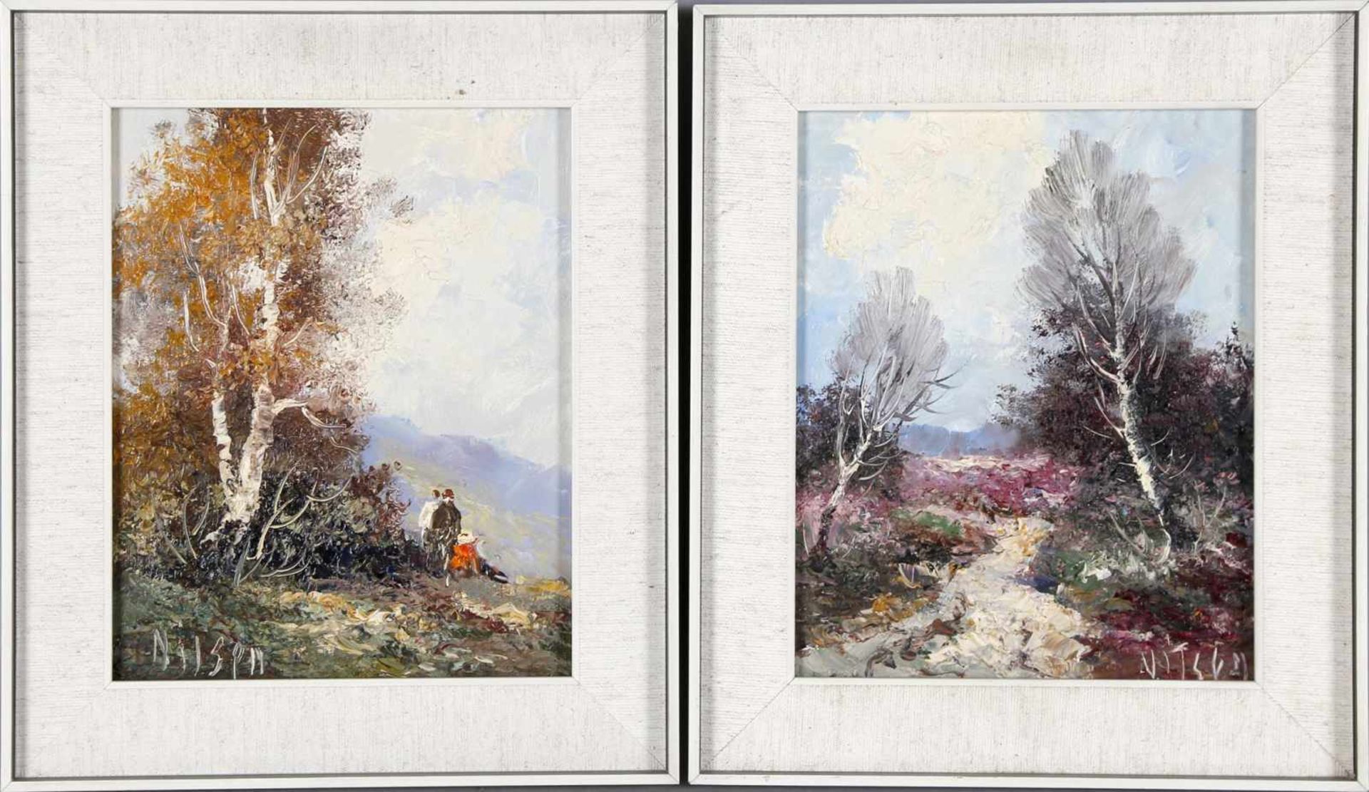 H. Nilsen, 2. H. 20. Jh.2 Gemälde "Voralpenlandschaften mit Laubbäumen", beide Mischtechnik auf