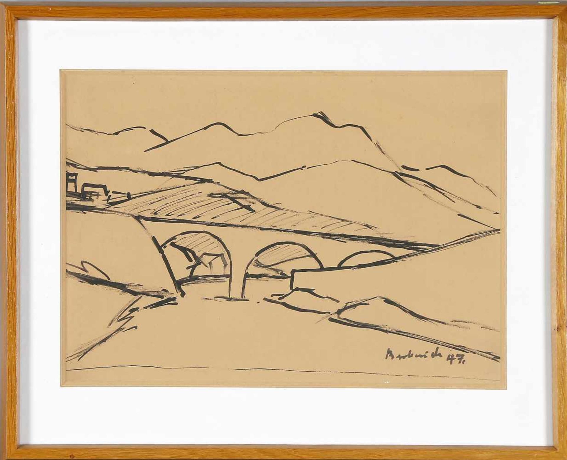 Fritz Berberich (Schnappach 1909-1990 Schnappach)Talbrücke, 1947, Tusche auf Papier, 28 x 40 cm (