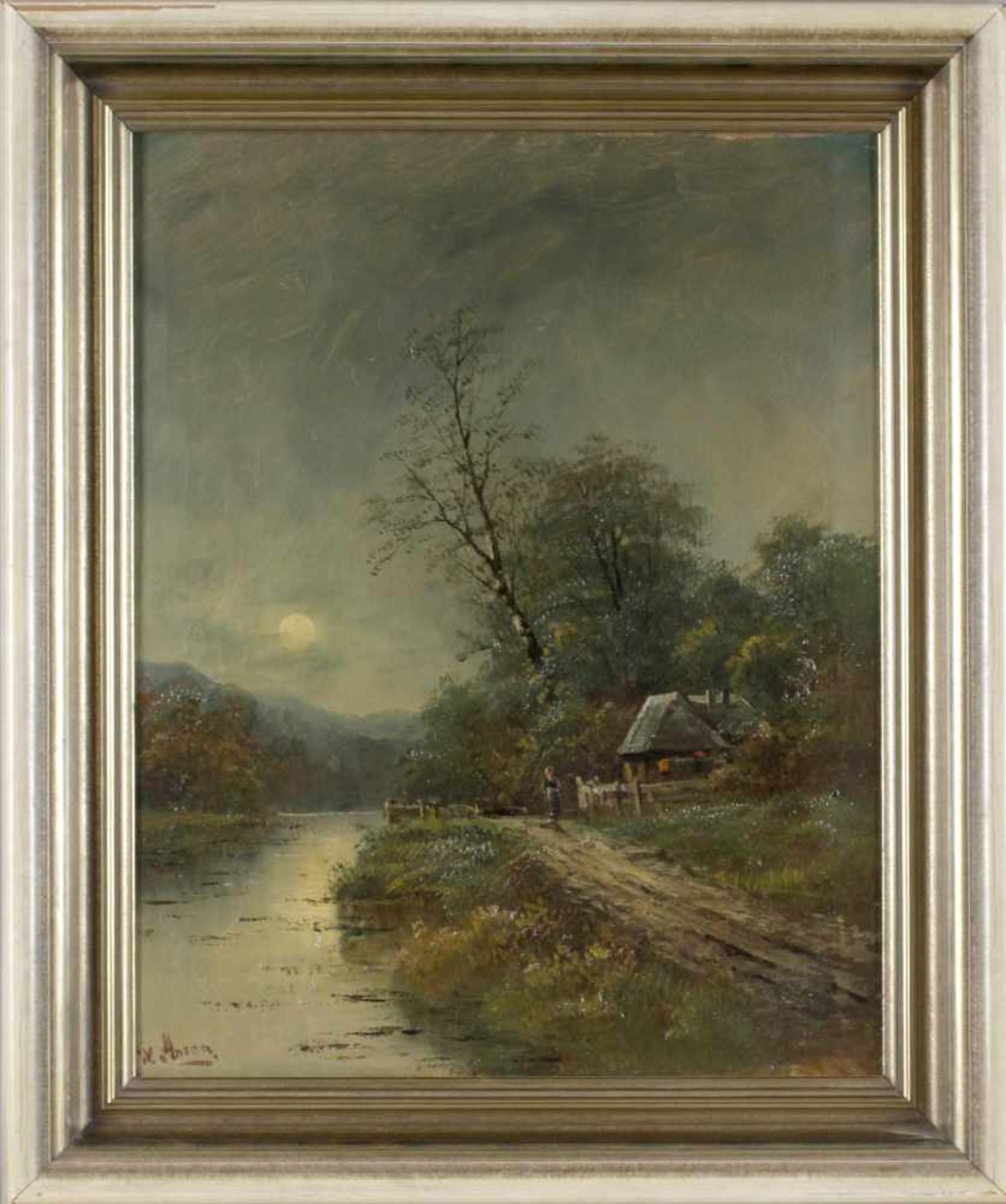 W. Aman"Mondnacht aus Ober-Baiern", Öl/Lwd. ca. 68 x 55 cm, links unt. signiert, Leinwand mit - Bild 2 aus 3