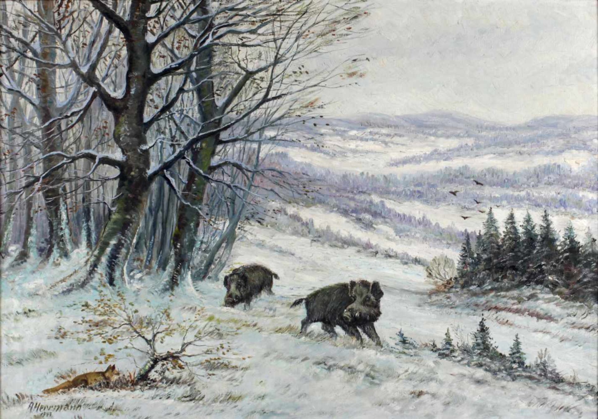 A. HerrmannFuchs und Sauen im Winterwald, Öl/Lwd., 72 x 100 cm, links unten signiert und dat. 1942