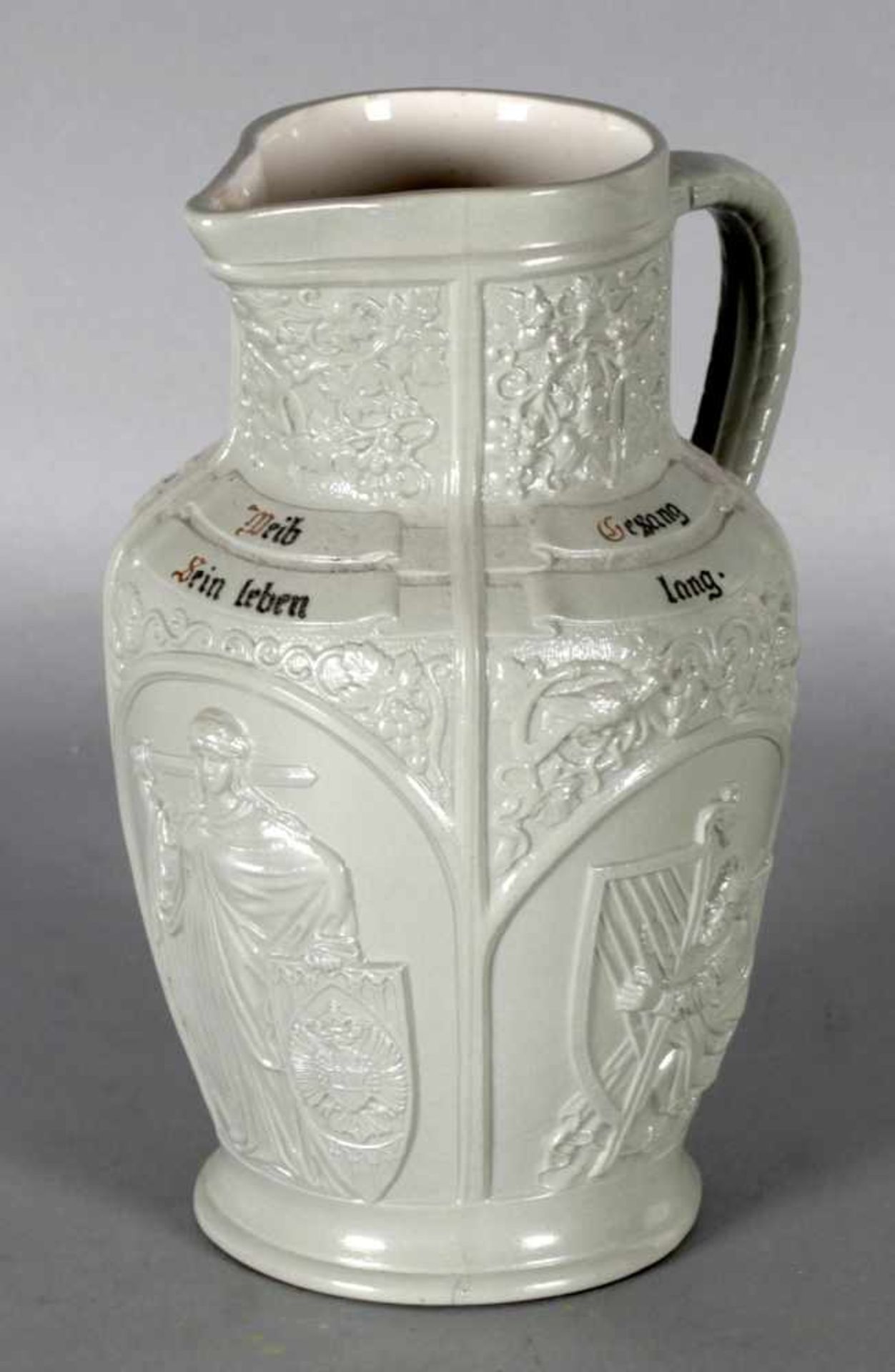 Steinzeugkanne "Wer nicht liebt Wein Weib und Gesang..", Villeroy & Boch, Mettlach, um 1900grau