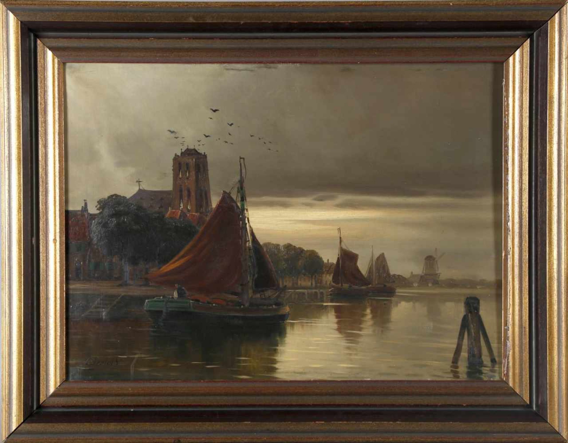 Carl Bertold (*1870)Abendstimmung an einer holländischen Hafenpartie, Öl auf Lwd., 47 x 65 cm, links